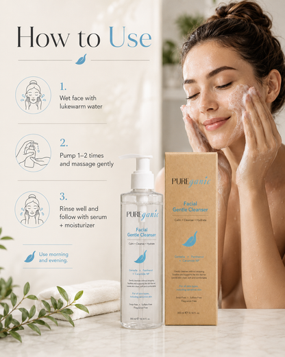 Gentle daily face cleansing routine with PUREganic Facial Gentle Cleanser