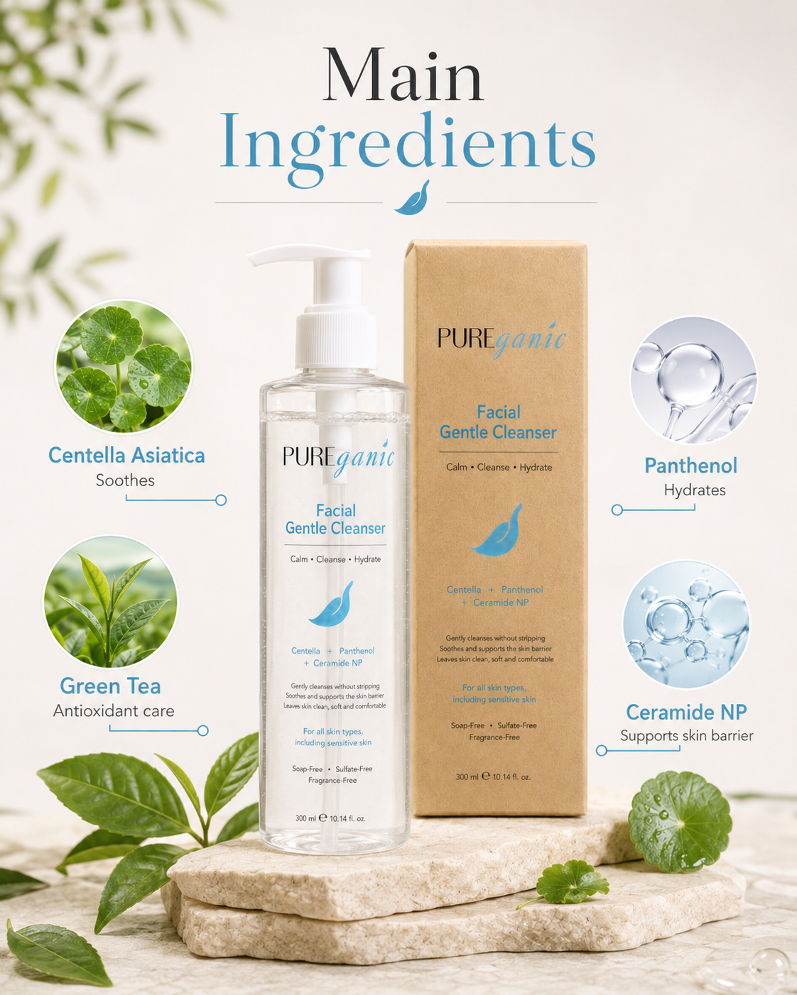 PUREganic Facial Gentle Cleanser key ingredients including Centella Asiatica, Panthenol and Ceramide NP